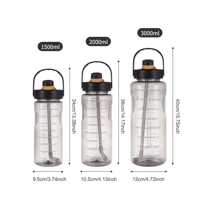 LUSQI Sports Water Bottle – Large Capacity Plastic Leak-Proof Bottle with Straw and Time Marker for Home and Outdoor Sports