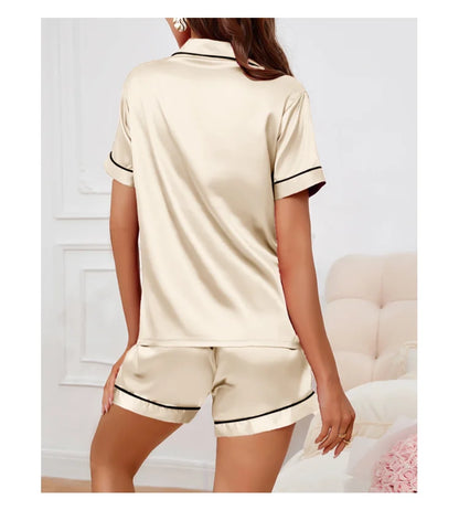 Women’s Satin Pajama Set Button-Down Sleepwear with Short Sleeve Top and Shorts, 2-Piece Summer Loungewear Nightwear Set