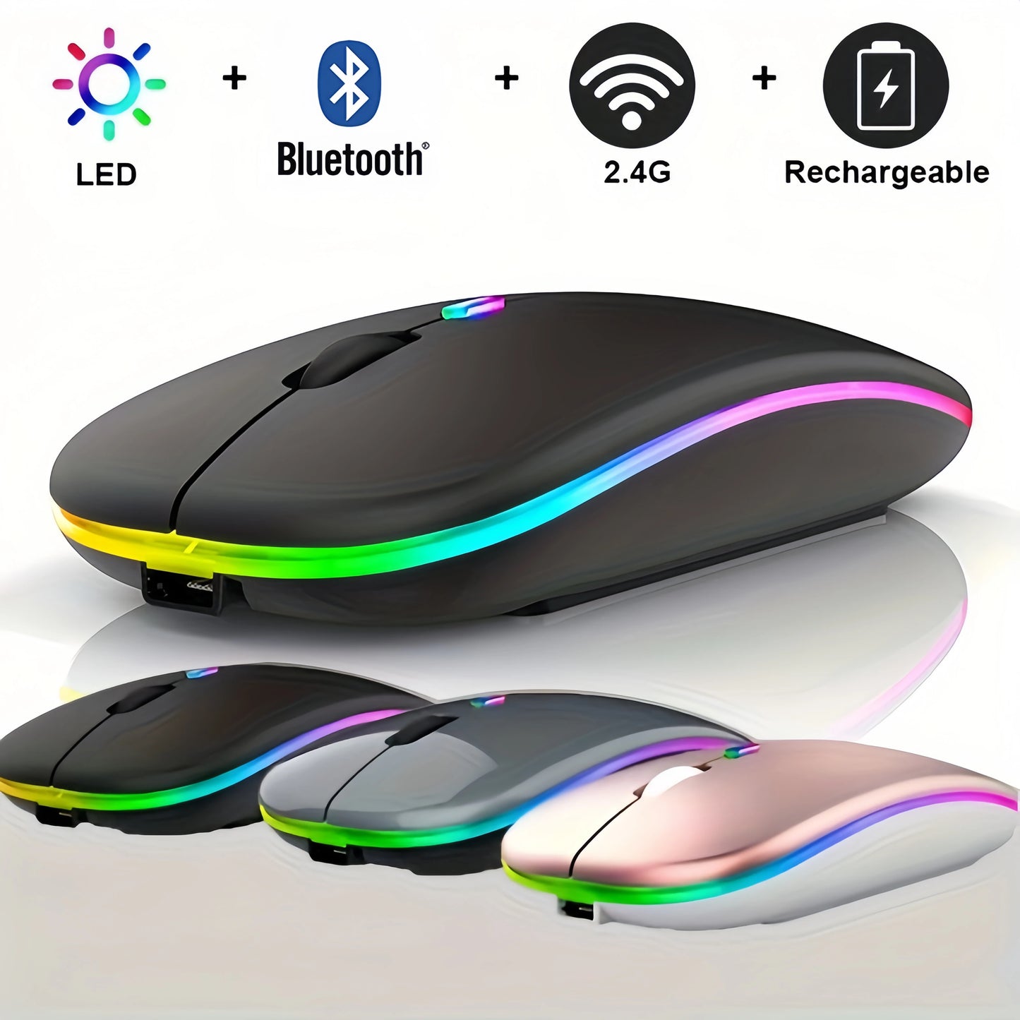 Rechargeable Wireless Mouse with Bluetooth & 2.4GHz Dual Mode, Silent Click Ergonomic RGB Mouse, 1600 DPI Adjustable for PC, Laptop, iPad, Android, TV