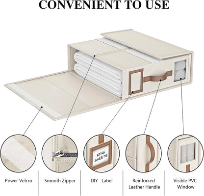 Foldable Bed Sheets Set Organizer, Linen Fabric Closet Storage Box with Window for Bedding & Pillows