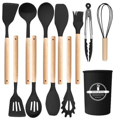 12-Piece Silicone Kitchen Utensil Set with Storage Block, Non-Scratch Cooking Tools & Spatulas