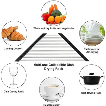 Roll-Up Triangle Dish Drying Rack – Foldable Stainless Steel Sink Corner Organizer for Sponge & Rag
