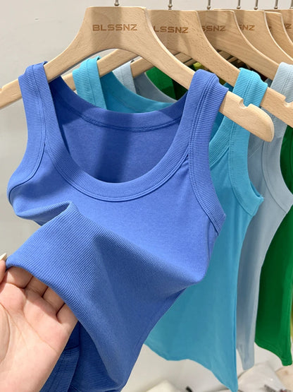 Women’s Ribbed Cotton Tank Top Solid Color Round Neck Camisole, High Stretch Summer Basic O-Neck Sleeveless Casual Top