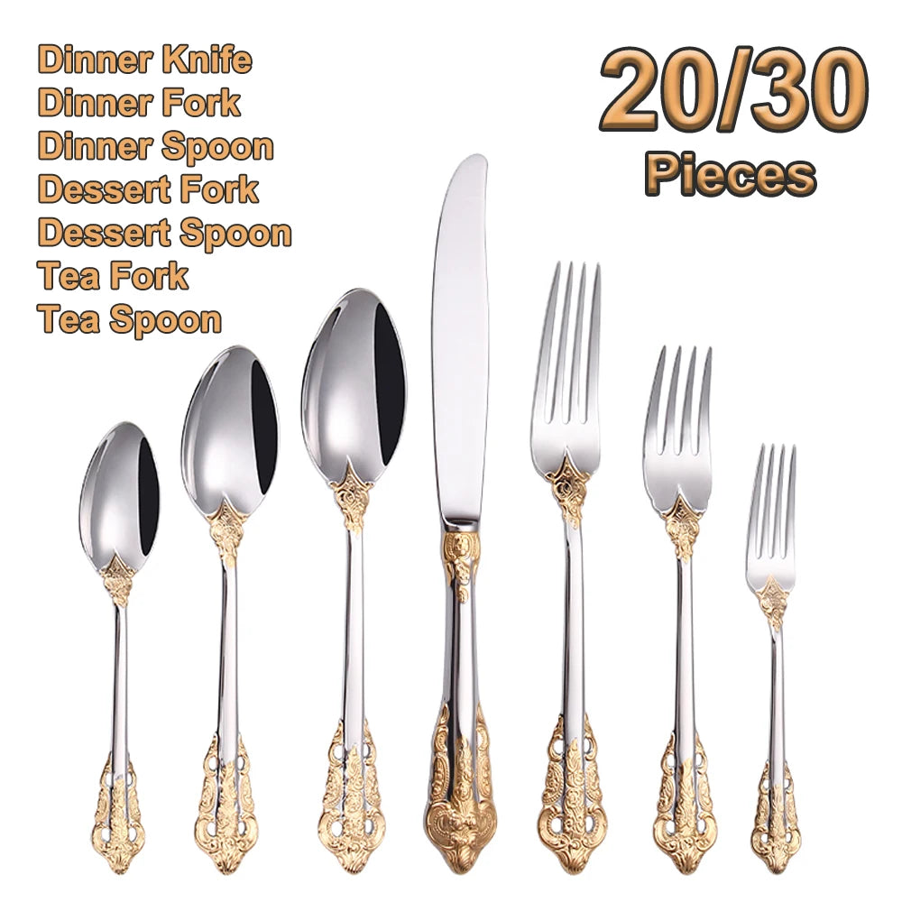 20/30PCS Luxury Gold & Silver Cutlery Set, Vintage Stainless Steel Flatware with Engraved Forks, Spoons & Knives