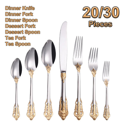 20/30PCS Luxury Gold & Silver Cutlery Set, Vintage Stainless Steel Flatware with Engraved Forks, Spoons & Knives