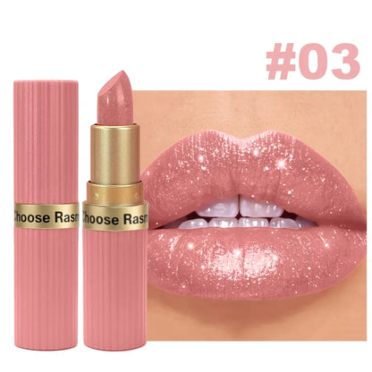 CHOOSE RASME Pearlescent Pink Glitter Velvet Lipstick, Metallic Matte Shimmer Waterproof Long-Lasting Moisturizing Diamond Lipstick, 3.5g