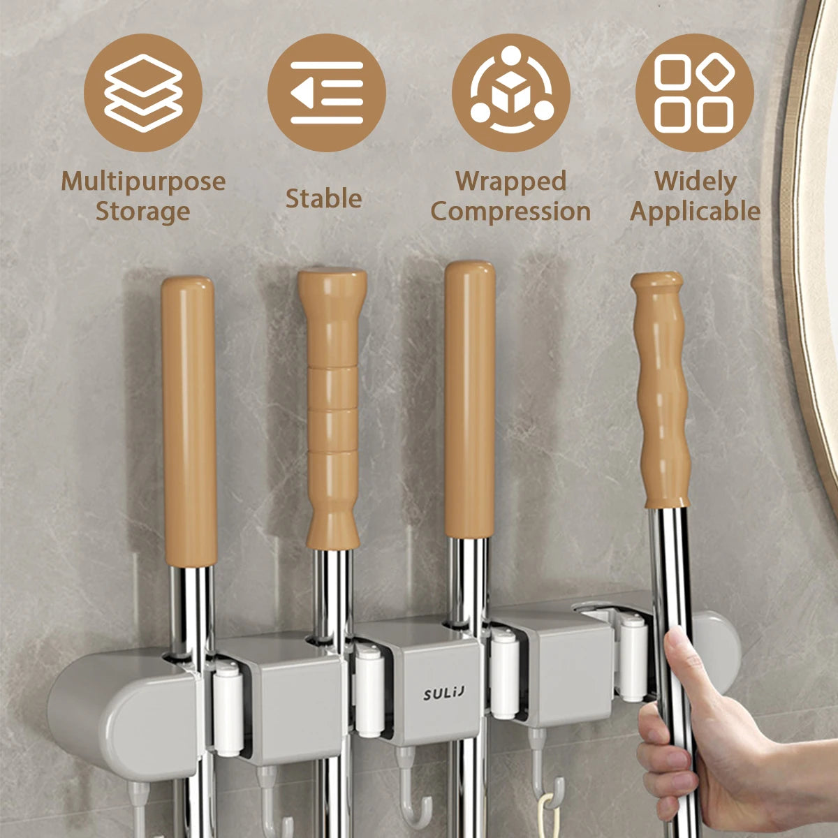 Wall Mounted Broom & Mop Holder with Hooks – No-Drill Self-Adhesive Storage Rack for Kitchen & Home