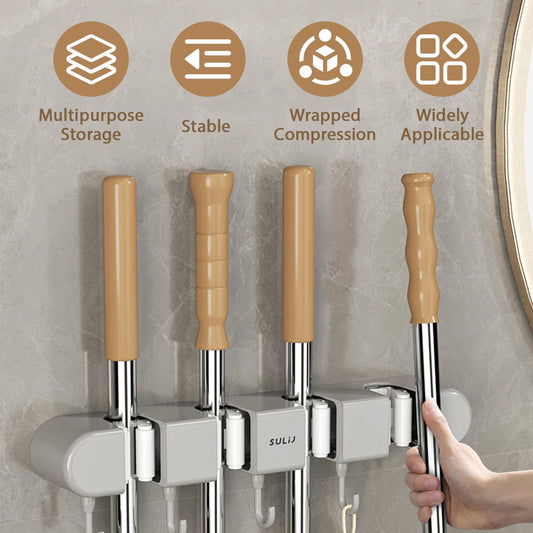 Wall Mounted Broom & Mop Holder with Hooks – No-Drill Self-Adhesive Storage Rack for Kitchen & Home
