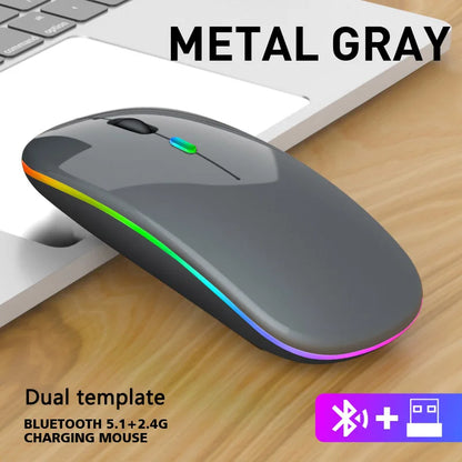Rechargeable Wireless Mouse with Bluetooth & 2.4GHz Dual Mode, Silent Click Ergonomic RGB Mouse, 1600 DPI Adjustable for PC, Laptop, iPad, Android, TV