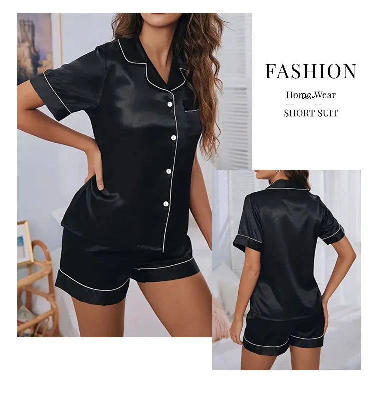 Women’s Satin Pajama Set Button-Down Sleepwear with Short Sleeve Top and Shorts, 2-Piece Summer Loungewear Nightwear Set