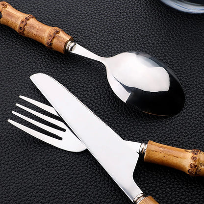 24PCS Bamboo Cutlery Set, Stainless Steel Flatware with Natural Bamboo Handles for Dinner & Steak