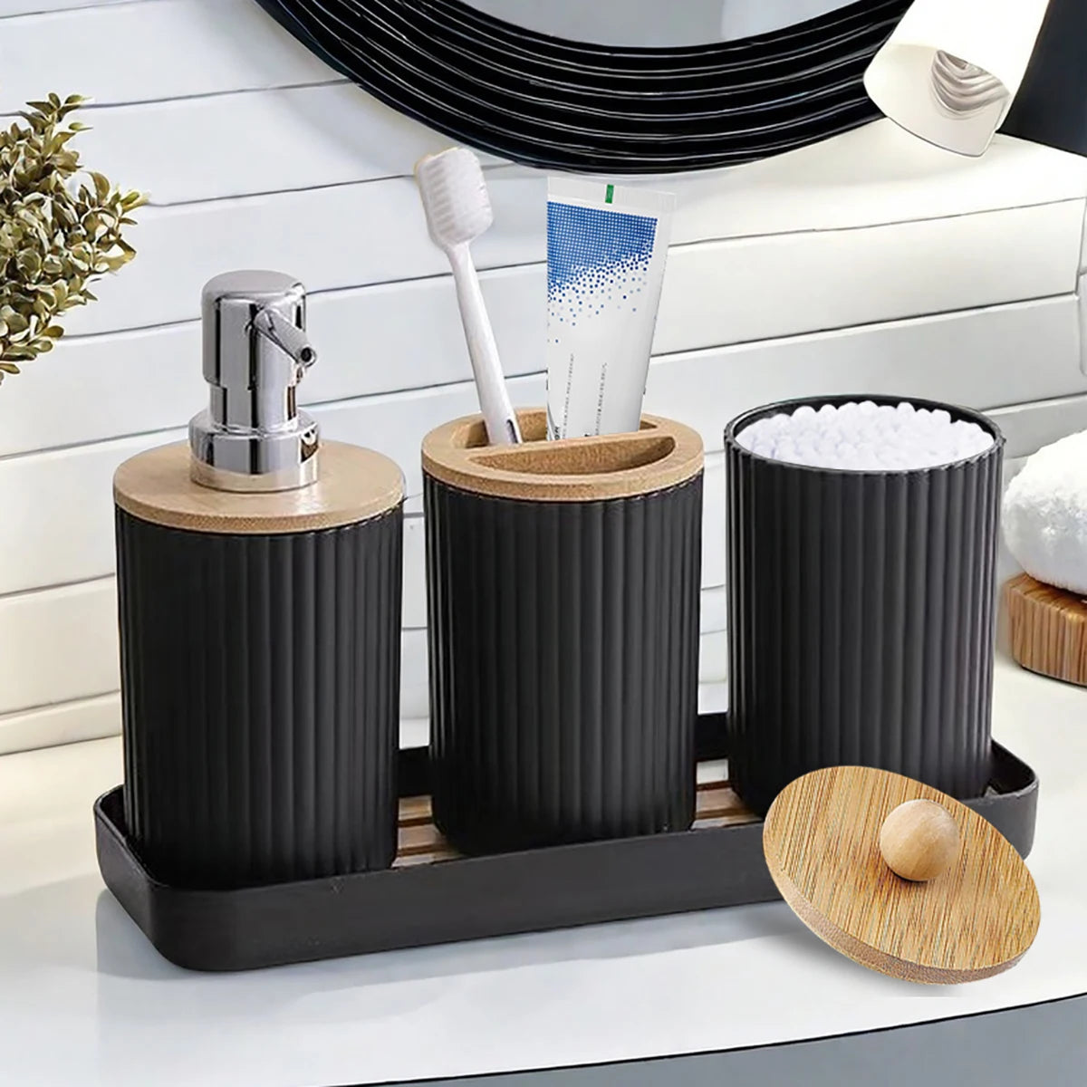 Bathroom Accessories Storage Box Set, PET & Bamboo Vanity Organizer with Soap Dispenser, Toothbrush & Cotton Swab Holder
