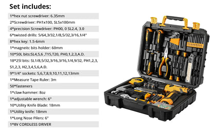 DEKO 126Pcs Power Tool Combo Kits with 8V Cordless Drill,10MM 3/8'' Keyless Chuck,Professional Home Household DIY Hand Tool Kits