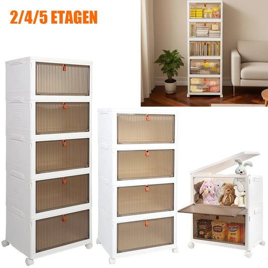 Folding Storage Box with Wheels, 2/4/5 Layer Stackable Storage Bins for Home Organization