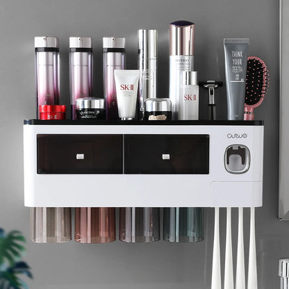 Bathroom Accessories Set with Automatic Toothpaste Dispenser, Magnetic Inverted Toothbrush Holder & Storage Rack