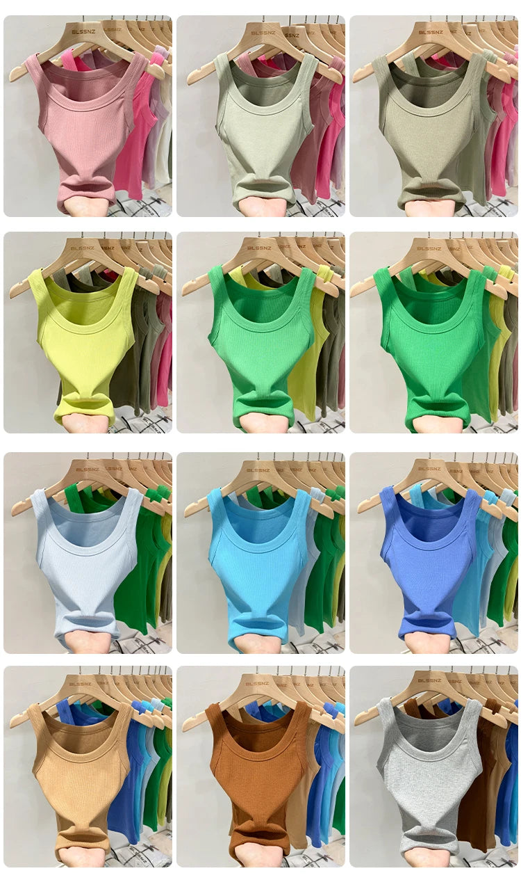 Women’s Ribbed Cotton Tank Top Solid Color Round Neck Camisole, High Stretch Summer Basic O-Neck Sleeveless Casual Top