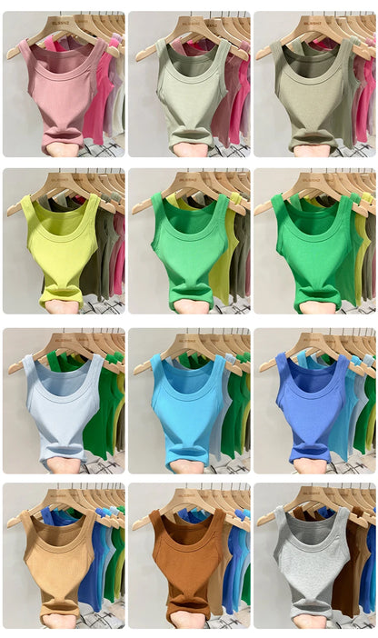 Women’s Ribbed Cotton Tank Top Solid Color Round Neck Camisole, High Stretch Summer Basic O-Neck Sleeveless Casual Top