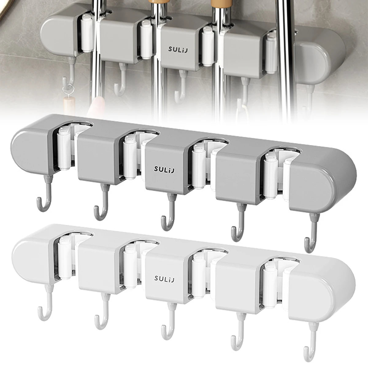 Wall Mounted Broom & Mop Holder with Hooks – No-Drill Self-Adhesive Storage Rack for Kitchen & Home
