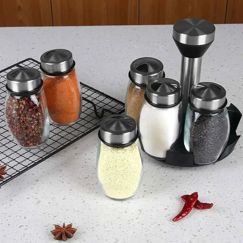Kitchen Rotating Spice Bottle Set, Glass Seasoning Storage Jars with Rack for Salt, Sugar, Pepper & Spices