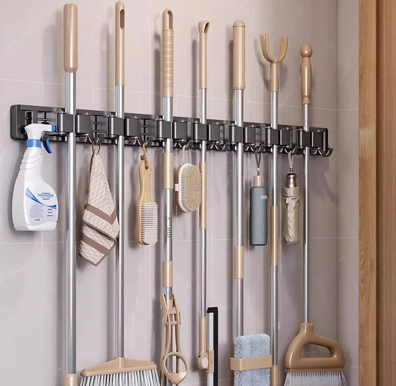 Aluminum Mop Holder Wall Mounted – Adjustable Broom & Mop Organizer Rack with Hooks and Strong Adhesive