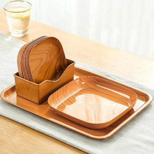 Japanese Style Imitation Wood Grain Square Plate, Simple Kitchen Tableware Dish for Dinner & Serving