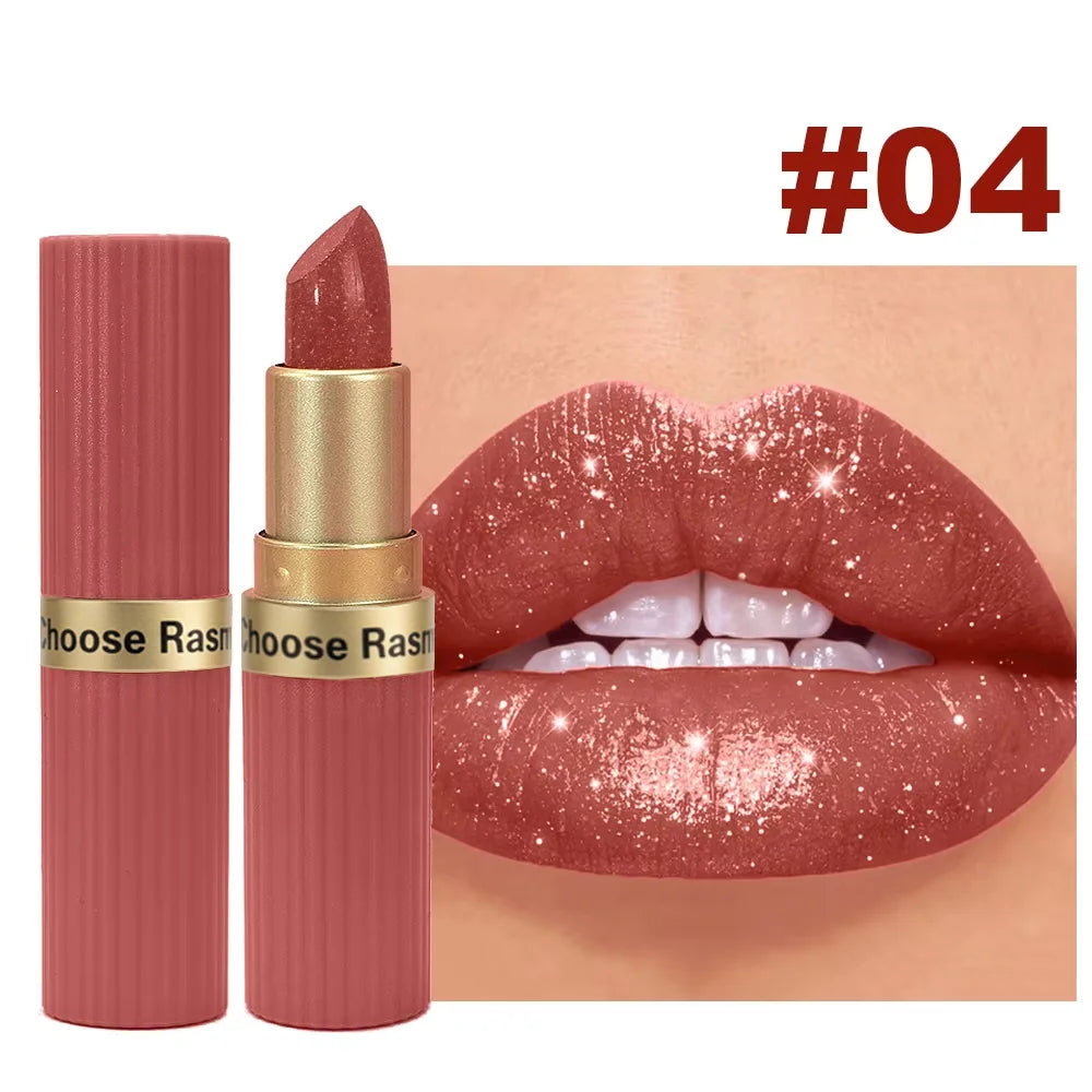 CHOOSE RASME Pearlescent Pink Glitter Velvet Lipstick, Metallic Matte Shimmer Waterproof Long-Lasting Moisturizing Diamond Lipstick, 3.5g