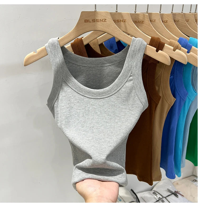 Women’s Ribbed Cotton Tank Top Solid Color Round Neck Camisole, High Stretch Summer Basic O-Neck Sleeveless Casual Top