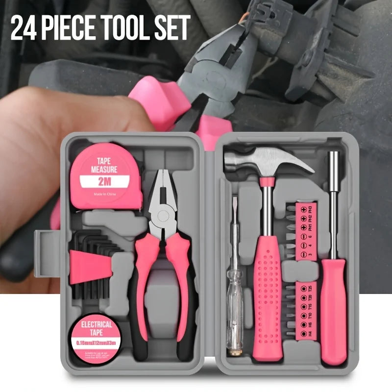 24-Piece Pink Tool Kit for Women, Mini Home Toolbox Set with Hammer, Pliers, Wrench and Screwdriver