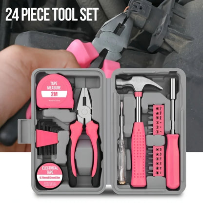 24-Piece Pink Tool Kit for Women, Mini Home Toolbox Set with Hammer, Pliers, Wrench and Screwdriver