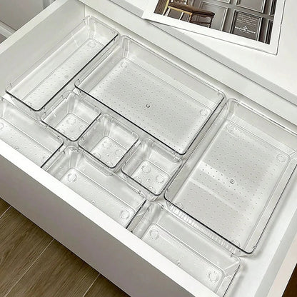 Clear Desk Drawer Organizer Set – Transparent Plastic Storage Boxes for Makeup, Bathroom & Office