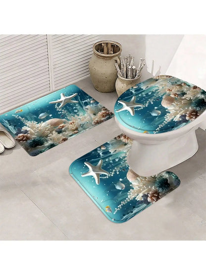 4pcs Coral Starfish Pattern Bathroom Set, Waterproof Fabric Shower Curtain With 12 Hooks Toilet Lid Cover, Bathroom Decor