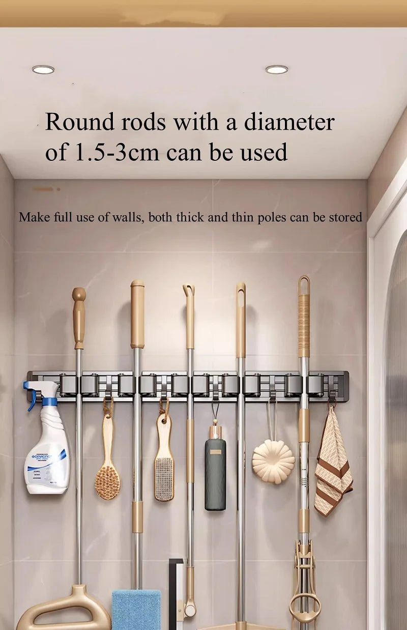 Aluminum Mop Holder Wall Mounted – Adjustable Broom & Mop Organizer Rack with Hooks and Strong Adhesive