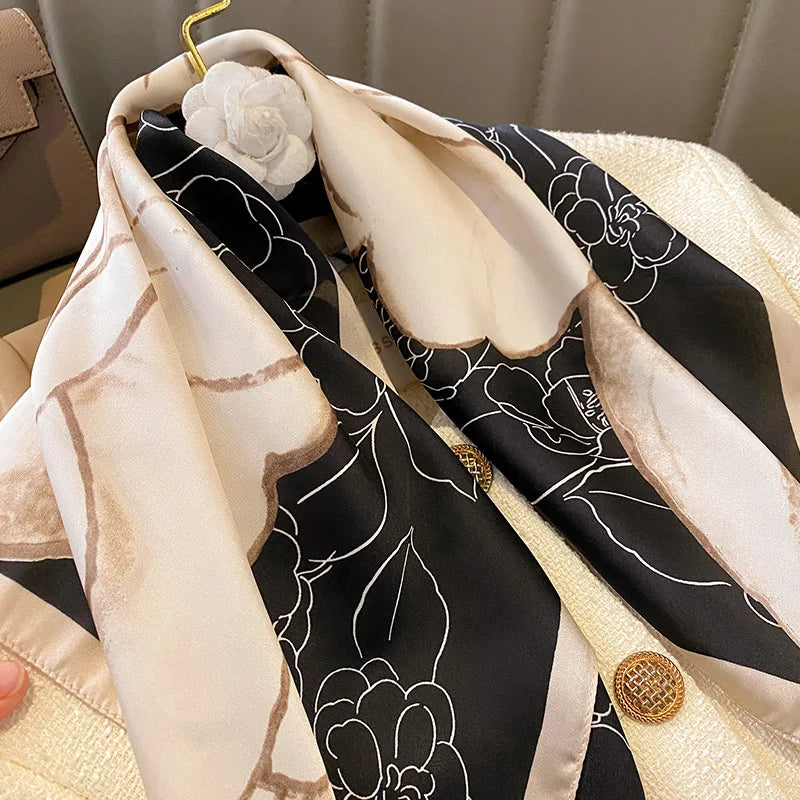 Luxury Printed Silk-Style Square Scarf for Women, Soft Satin Neckerchief Headband and Hair Ribbon, Fashion Hijab and Bag Accessory for Office and Daily Wear