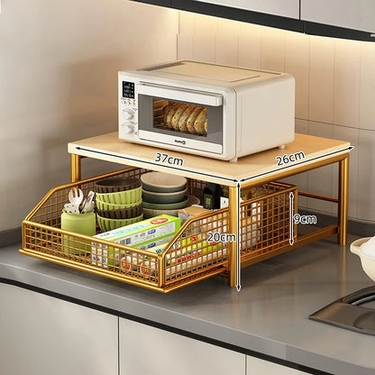Modern Kitchen Microwave Rack, Solid Wood & Metal Countertop Storage Shelf, Space-Saving Organizer