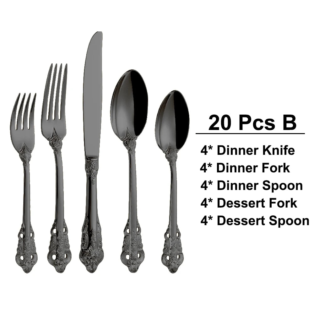 20/30PCS Luxury Gold & Silver Cutlery Set, Vintage Stainless Steel Flatware with Engraved Forks, Spoons & Knives