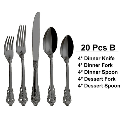 20/30PCS Luxury Gold & Silver Cutlery Set, Vintage Stainless Steel Flatware with Engraved Forks, Spoons & Knives