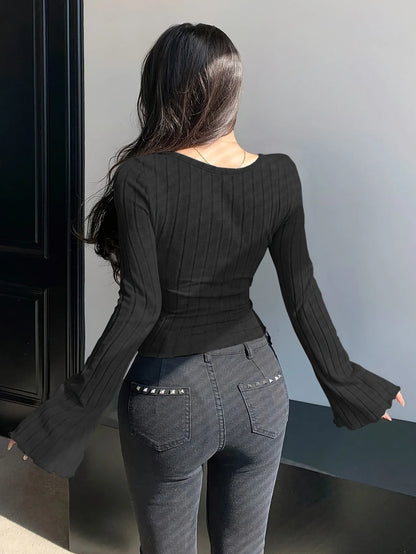 Women’s Ribbed Knit Long Sleeve T-Shirt with Square Neck and Cross Strap, Slim Fit Solid Color Casual Top for Autumn and Winter Streetwear