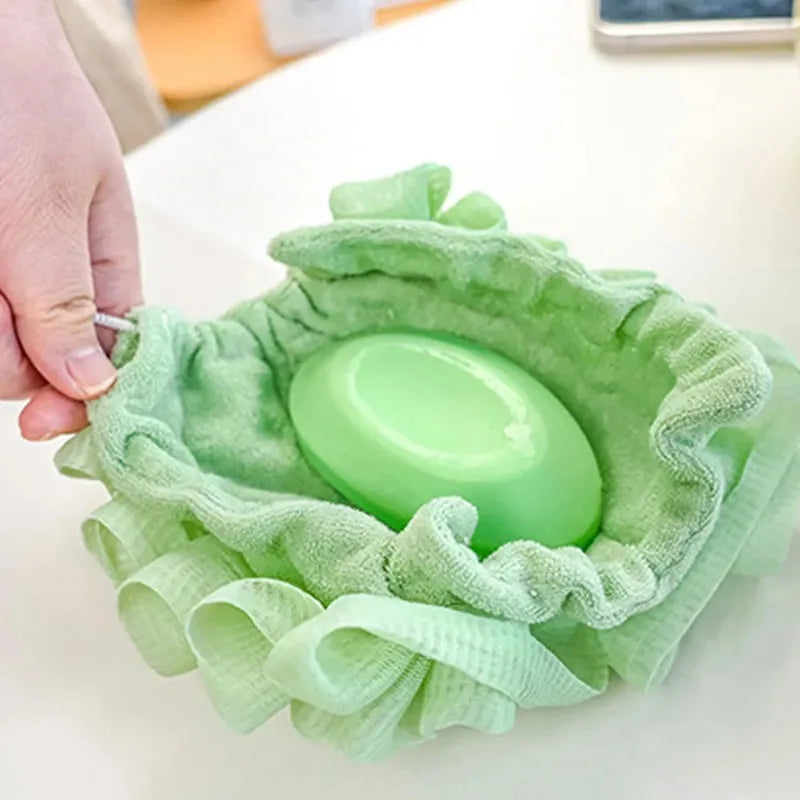 Soft Exfoliating 2-In-1 Bath Loofah – Bath Ball Towel with Drawstring Soap Closure Reusable Mesh Shower Sponge