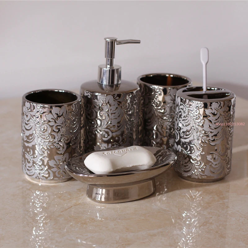 Silver Ceramic 5-Piece Bathroom Accessory Set, Soap Dispenser, Gargle Cup, Soap Dish & Toothbrush Holder Toiletry Set