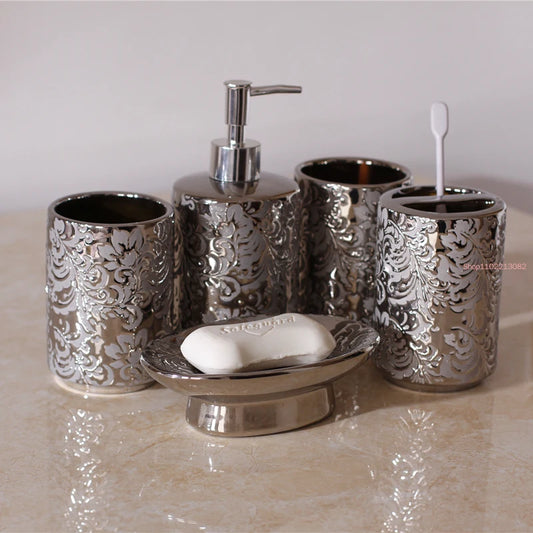 Silver Ceramic 5-Piece Bathroom Accessory Set, Soap Dispenser, Gargle Cup, Soap Dish & Toothbrush Holder Toiletry Set