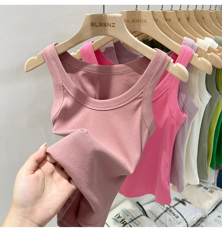 Women’s Ribbed Cotton Tank Top Solid Color Round Neck Camisole, High Stretch Summer Basic O-Neck Sleeveless Casual Top