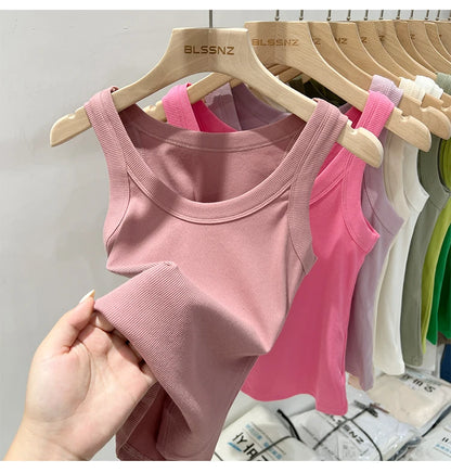 Women’s Ribbed Cotton Tank Top Solid Color Round Neck Camisole, High Stretch Summer Basic O-Neck Sleeveless Casual Top