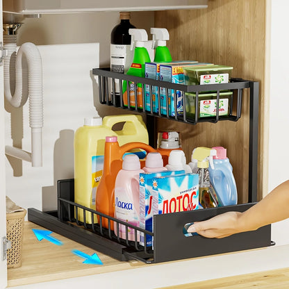 2-Tier Sliding Under Sink Organizer – Rustproof Metal Storage Rack for Kitchen & Bathroom Cabinets