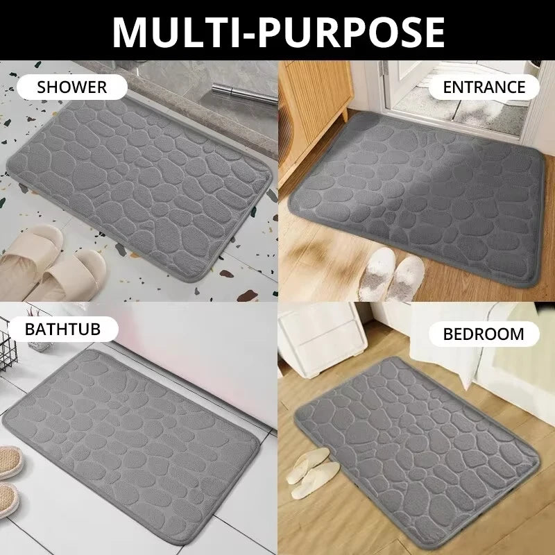 Memory Foam Bathroom Mat, Embossed Velvet Non-Slip Cobblestone Floor Rug, Microfiber Carpet for Bathroom and Living Room