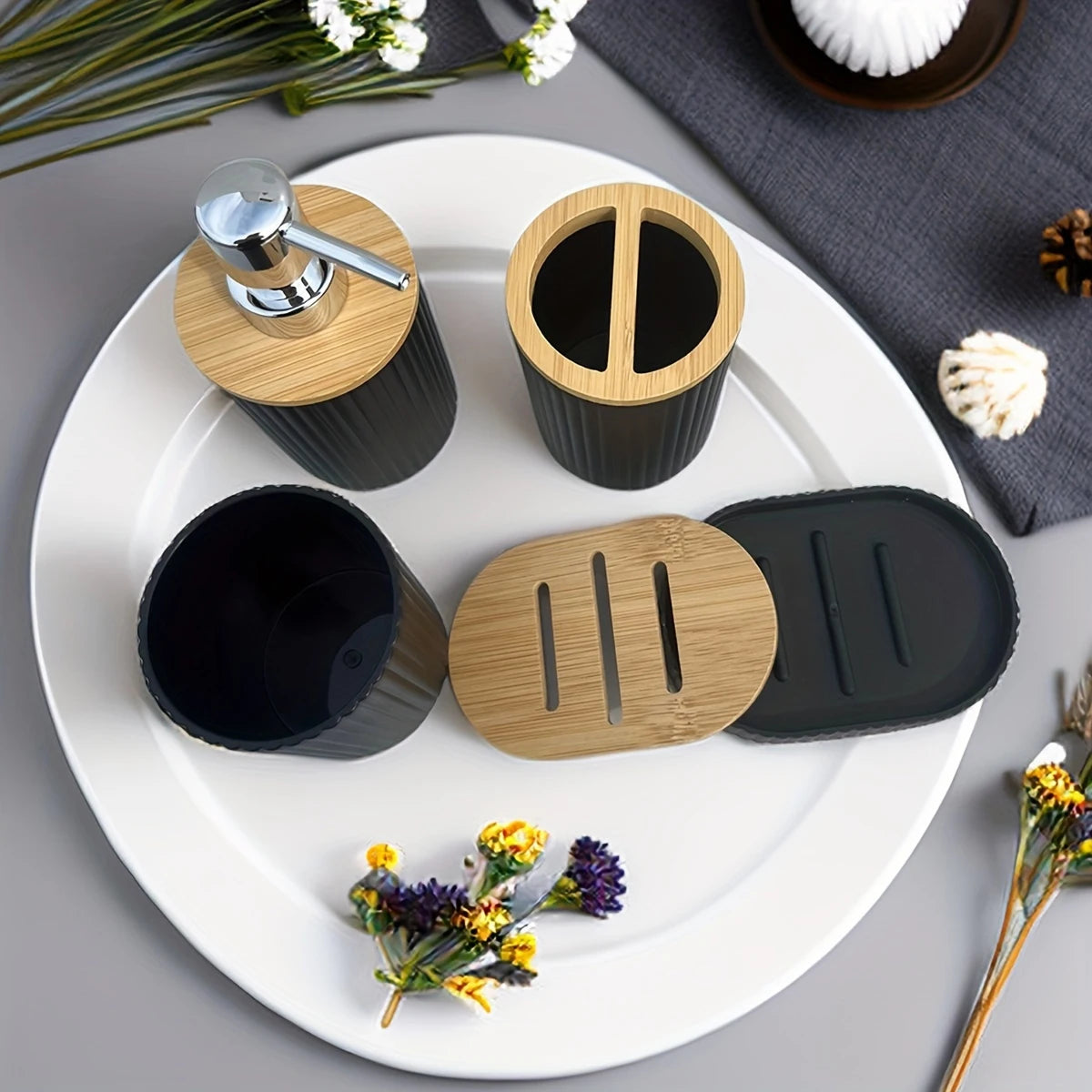 Bathroom Accessories Storage Box Set, PET & Bamboo Vanity Organizer with Soap Dispenser, Toothbrush & Cotton Swab Holder