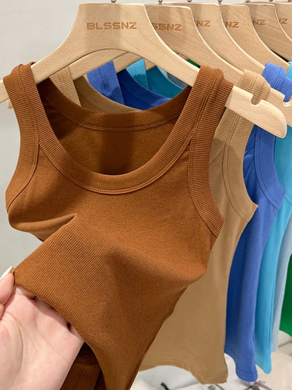 Women’s Ribbed Cotton Tank Top Solid Color Round Neck Camisole, High Stretch Summer Basic O-Neck Sleeveless Casual Top