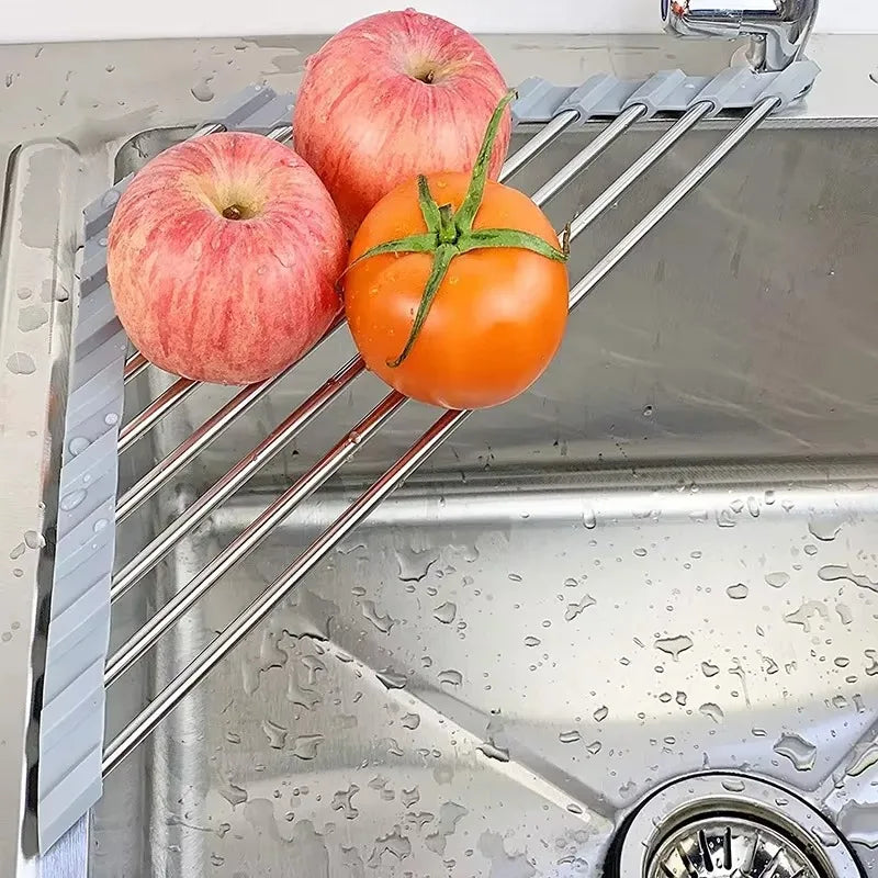 Roll-Up Triangle Dish Drying Rack – Foldable Stainless Steel Sink Corner Organizer for Sponge & Rag