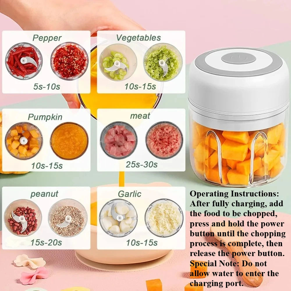 Electric Garlic Mincer 250ML, USB Rechargeable Mini Vegetable Chopper with Stainless Steel Blades, Portable Food Processor