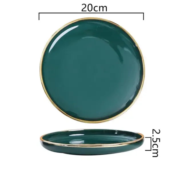 Luxury Green Ceramic Dinnerware Set with Gold Rim, Porcelain Plates & Bowls for Dessert, Salad & Soup