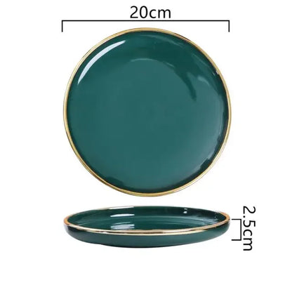 Luxury Green Ceramic Dinnerware Set with Gold Rim, Porcelain Plates & Bowls for Dessert, Salad & Soup
